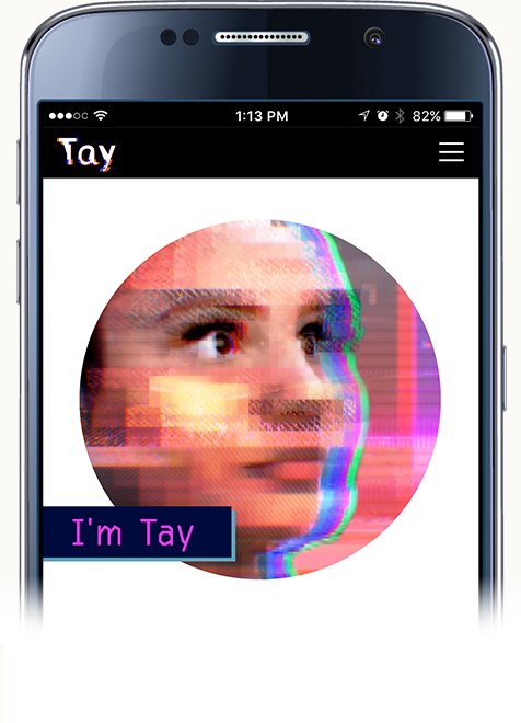 Tay's original 2016 website on a phone: a glitchy, pixelated portrait with the words I'm Tay.